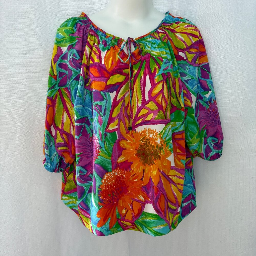 LAUREN RALPH LAUREN Multi-Color Floral 3/4 Sleeve Boho Top